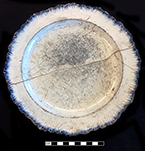 Pearlware plate with blue rococo molded rim. Rim diameter 9.00”. Lot: 187-14. Note cutlery marks in the plate well. 18BC66